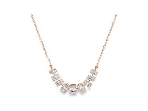 18K Rose Gold Flexible Diamond Necklace with Natural Baguette and Round Diamonds